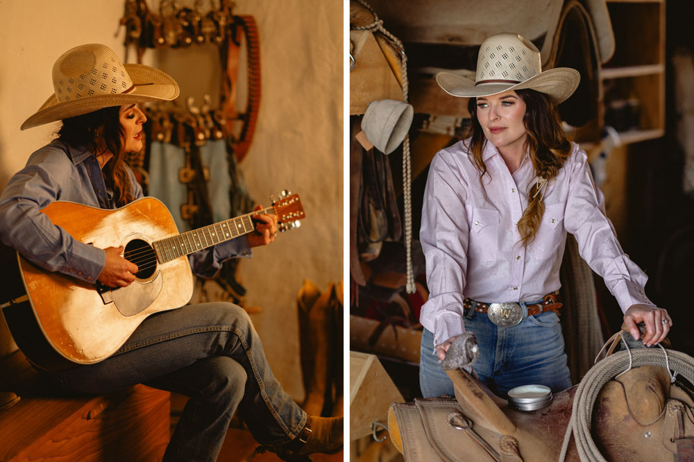 A woman wearing a cowboy hat and western attire.